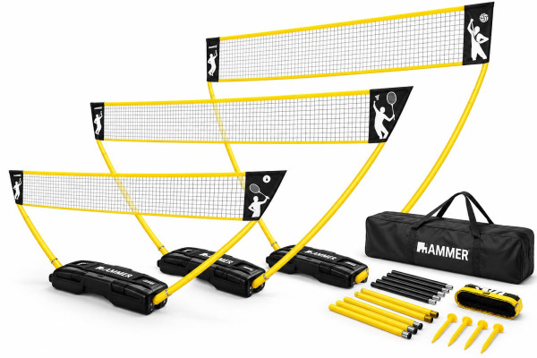 HAMMER 3 in 1 Netz Set für Volleyball, Badminton & Tennis, Spaß für jung und alt, mit Tragekoffer/Pfostenständer, leichter Aufbau, schnell verstaut und leicht transportiert