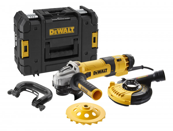 Dewalt Winkelschleifer DWE4257KT (1.500W, 125mm Scheiben-&#216;, Leerlaufdrehzahl 2.800-10.000 min-1, M14, inkl. Schutzhaube, Bügelhandgriff, Diamant-Topfscheibe, Staubhaube & T STAK-Box II)