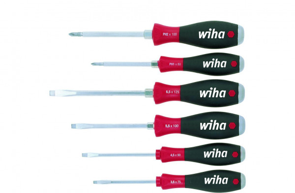 Wiha Schraubendreher Set SoftFinish® Schlitz, Phillips 6-tlg. mit durchgehender Sechskantklinge und massiver Stahlkappe (21250)