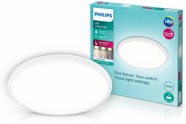 Philips LED Badezimmer Deckenleuchte Superslim (15 W), 3 Lichteinstellungen, kaltweiß Licht, dimmen ohne Dimmer, IP44 Schutz, weiß, 25cm 
